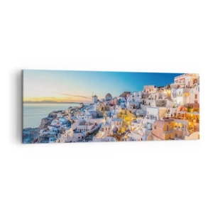 Bild auf Leinwand - Leinwandbild - Blick auf eine griechische Stadt bei Sonnenuntergang - 140x50cm - Die Essenz des Griechischen - Moderne Wanddekoration für Wohnzimmer und Schlafzimmer ARTTOR