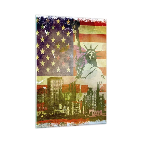 Glasbild - Bild auf glas - US-Flagge mit Silhouette der Freiheitsstatue und Stadtbild - 50x70cm - Viva Amerika! - Moderne Wanddekoration für Wohnzimmer und Schlafzimmer ARTTOR