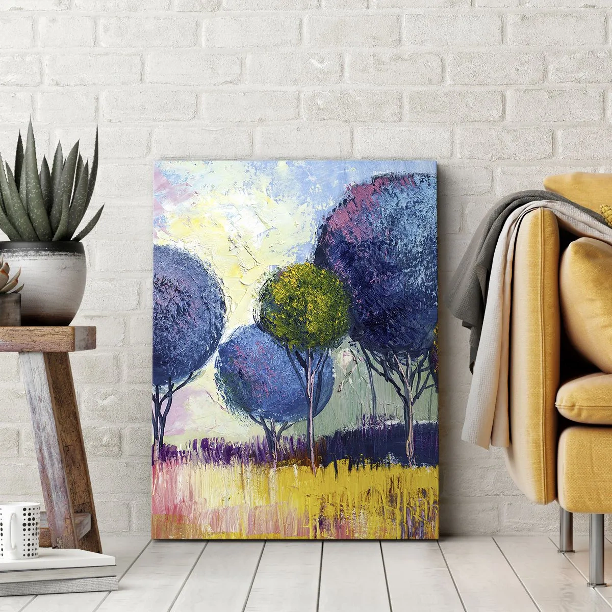 Bild auf Leinwand - Leinwandbild - Bunte kugelförmige Bäume vor dem Hintergrund einer Landschaft - 50x70cm - Kugel - die Form des Ideals - Moderne Wanddekoration für Wohnzimmer und Schlafzimmer ARTTOR