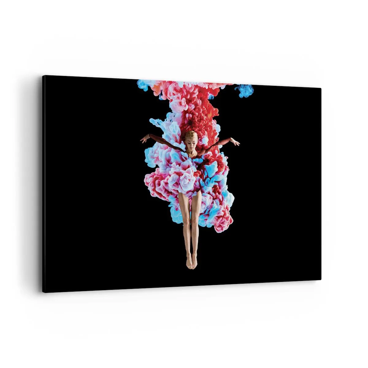 Bild auf Leinwand - Leinwandbild - Eine Tänzerin, umgeben von buntem Rauch auf schwarzem Hintergrund - 100x70cm - In voller Blüte - Moderne Wanddekoration für Wohnzimmer und Schlafzimmer ARTTOR