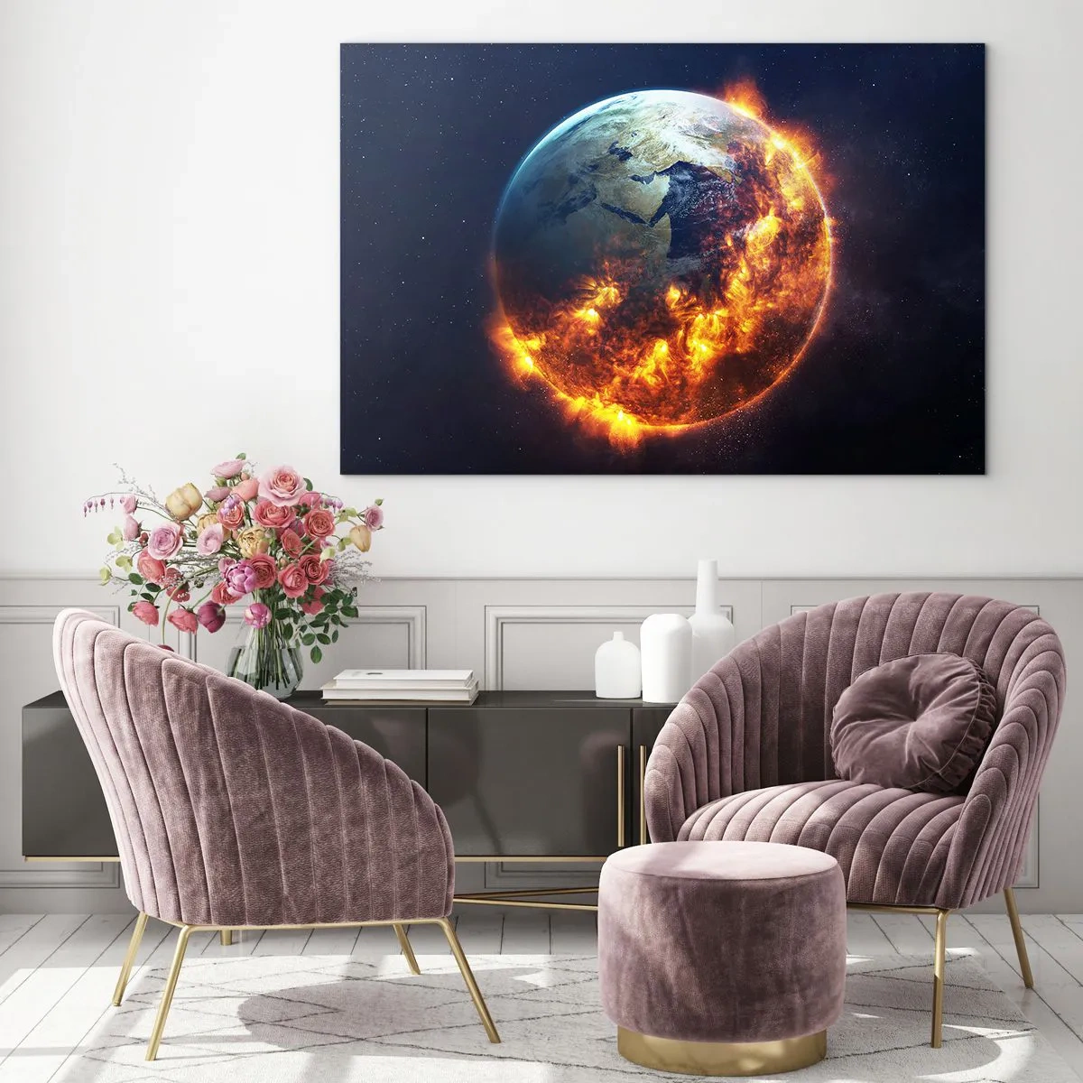 Glasbild - Bild auf glas - Erde im Weltraum von Flammen umgeben - 70x50cm - Die Flamme der Apokalypse - Moderne Wanddekoration für Wohnzimmer und Schlafzimmer ARTTOR
