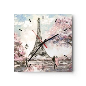 Wanduhr - Glasuhr - Der Eiffelturm, umgeben von blühenden Bäumen - 30x30cm - Aprilspaziergang durch Paris - Moderne Wanddekoration für Wohnzimmer und Schlafzimmer ARTTOR