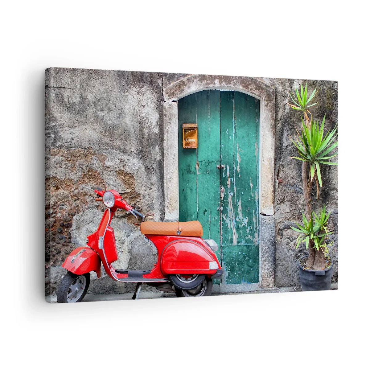 Bild auf Leinwand - Leinwandbild - Roter Roller an der grünen Tür - 70x50cm - Italienischer Urlaub - Moderne Wanddekoration für Wohnzimmer und Schlafzimmer ARTTOR