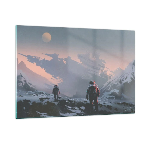 Glasbild - Bild auf glas - Astronauten auf einem fremden Planeten mit einem Schiffswrack im Hintergrund - 120x80cm - Unter einem unbekannten Stern - Moderne Wanddekoration für Wohnzimmer und Schlafzimmer ARTTOR