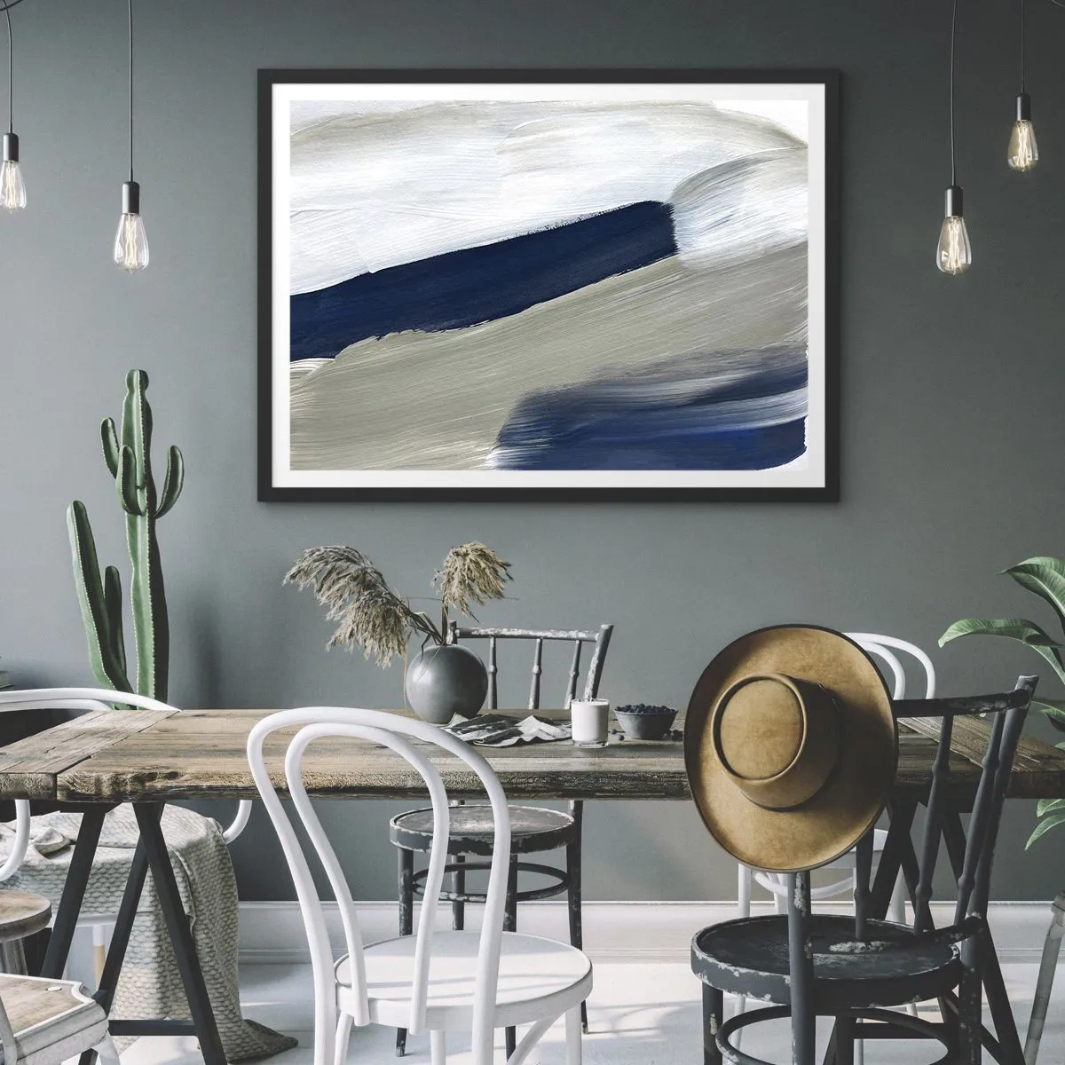 Poster in einem schwarzem Rahmen - Abstrakte Pinselstriche in Blau- und Grautönen - 70x50cm - Begegnung mit dem Weißsein - Moderne Wanddekoration für Wohnzimmer und Schlafzimmer ARTTOR