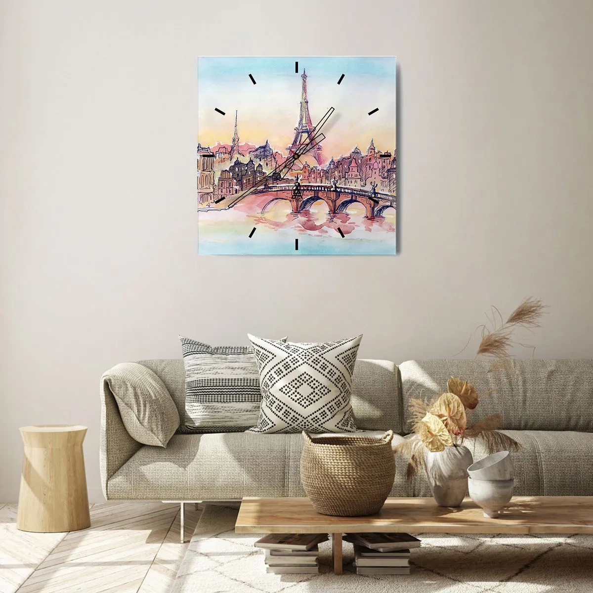 Wanduhr - Glasuhr - Aquarellpanorama von Paris mit dem Eiffelturm bei Sonnenuntergang - 30x30cm - Die einzige Stadt dieser Art auf der Welt - Moderne Wanddekoration für Wohnzimmer und Schlafzimmer ARTTOR