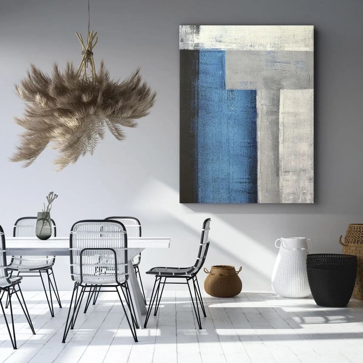 Bild auf Leinwand - Leinwandbild - Eine abstrakte Komposition mit Blau-, Grau- und Weißtönen. - 80x120cm - Poetische Komposition aus Grau und Blau - Moderne Wanddekoration für Wohnzimmer und Schlafzimmer ARTTOR