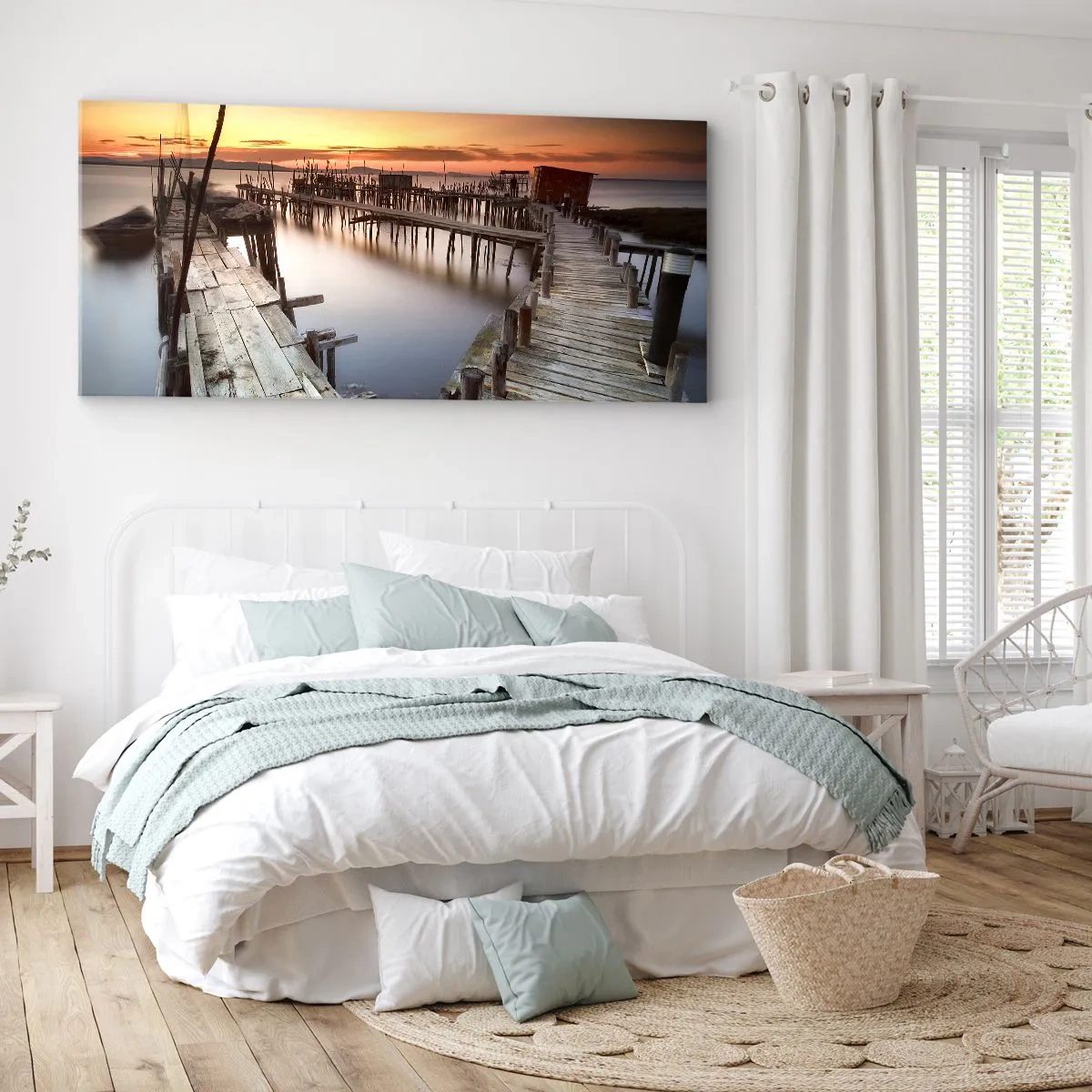 Bild auf Leinwand - Leinwandbild - Holzstege auf ruhigem Wasser bei Sonnenuntergang - 160x50cm - Authentisch, keine Touristenattrappe - Moderne Wanddekoration für Wohnzimmer und Schlafzimmer ARTTOR