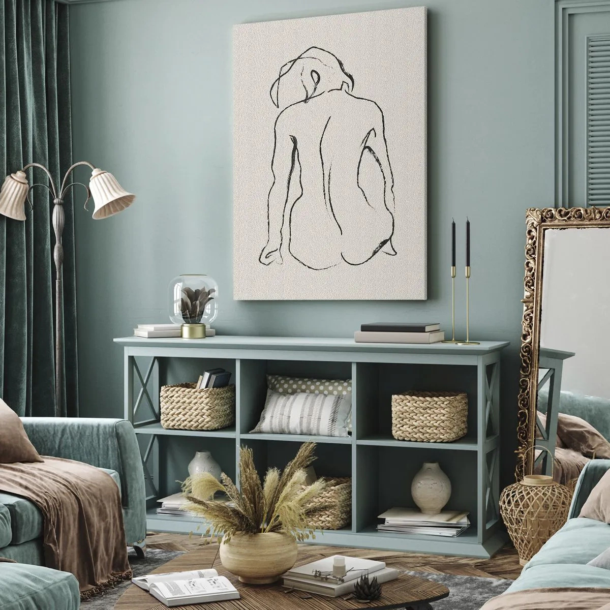 Bild auf Leinwand - Leinwandbild - Eine subtile Skizze der Silhouette eines Mädchens von hinten - 80x120cm - Mädchenakt - Moderne Wanddekoration für Wohnzimmer und Schlafzimmer ARTTOR