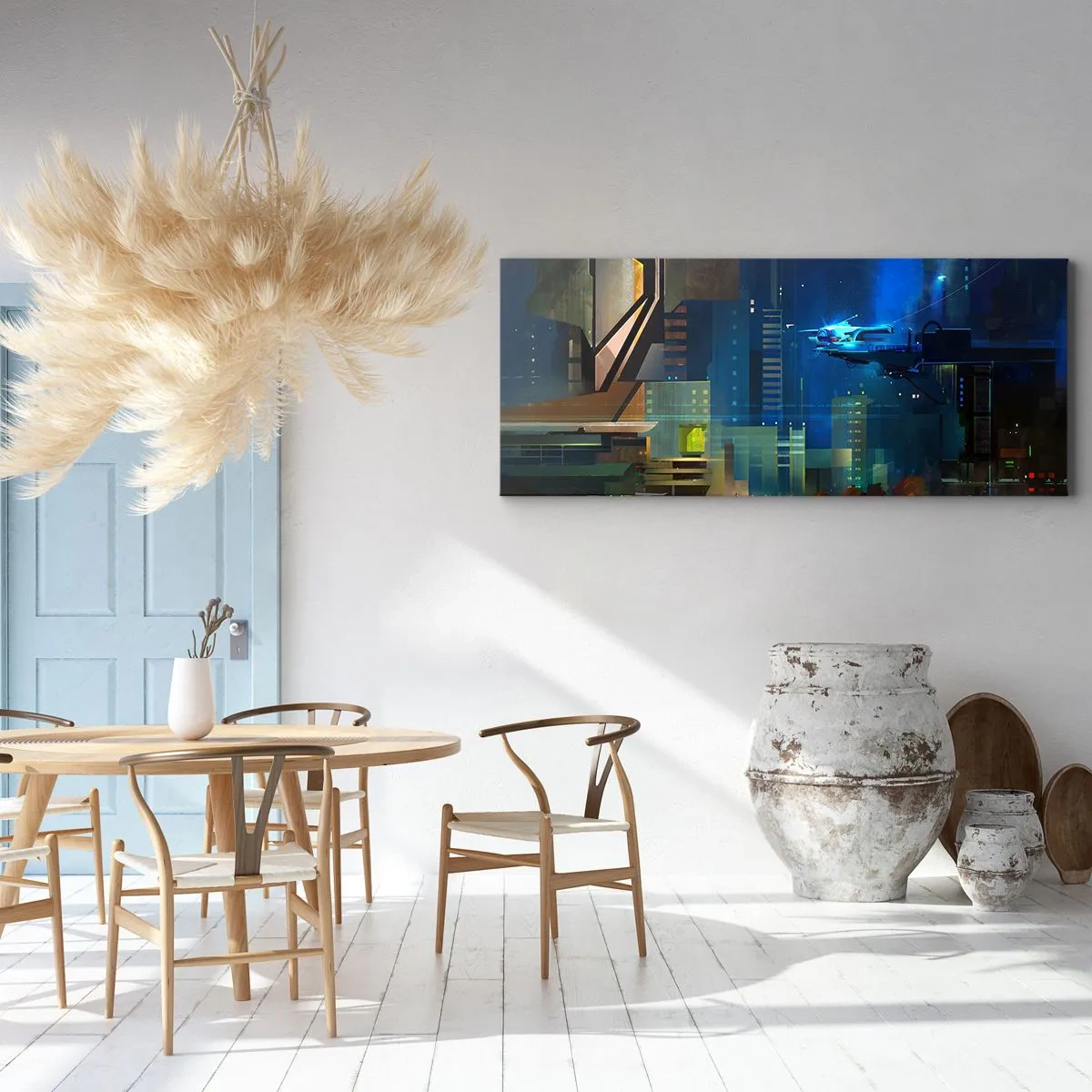 Bild auf Leinwand - Leinwandbild - Futuristische Stadt bei Nacht mit Neonlichtern und einem fliegenden Fahrzeug - 140x50cm - In naher Zukunft - Moderne Wanddekoration für Wohnzimmer und Schlafzimmer ARTTOR