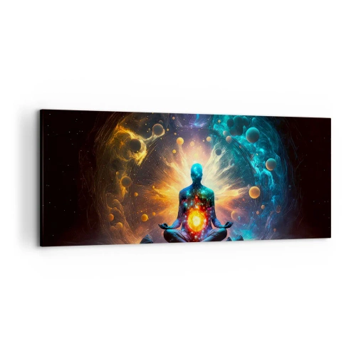Bild auf Leinwand - Leinwandbild - Eine meditierende Figur, umgeben von einer kosmischen Aura - 120x50cm - Kosmischer Frieden - Moderne Wanddekoration für Wohnzimmer und Schlafzimmer ARTTOR