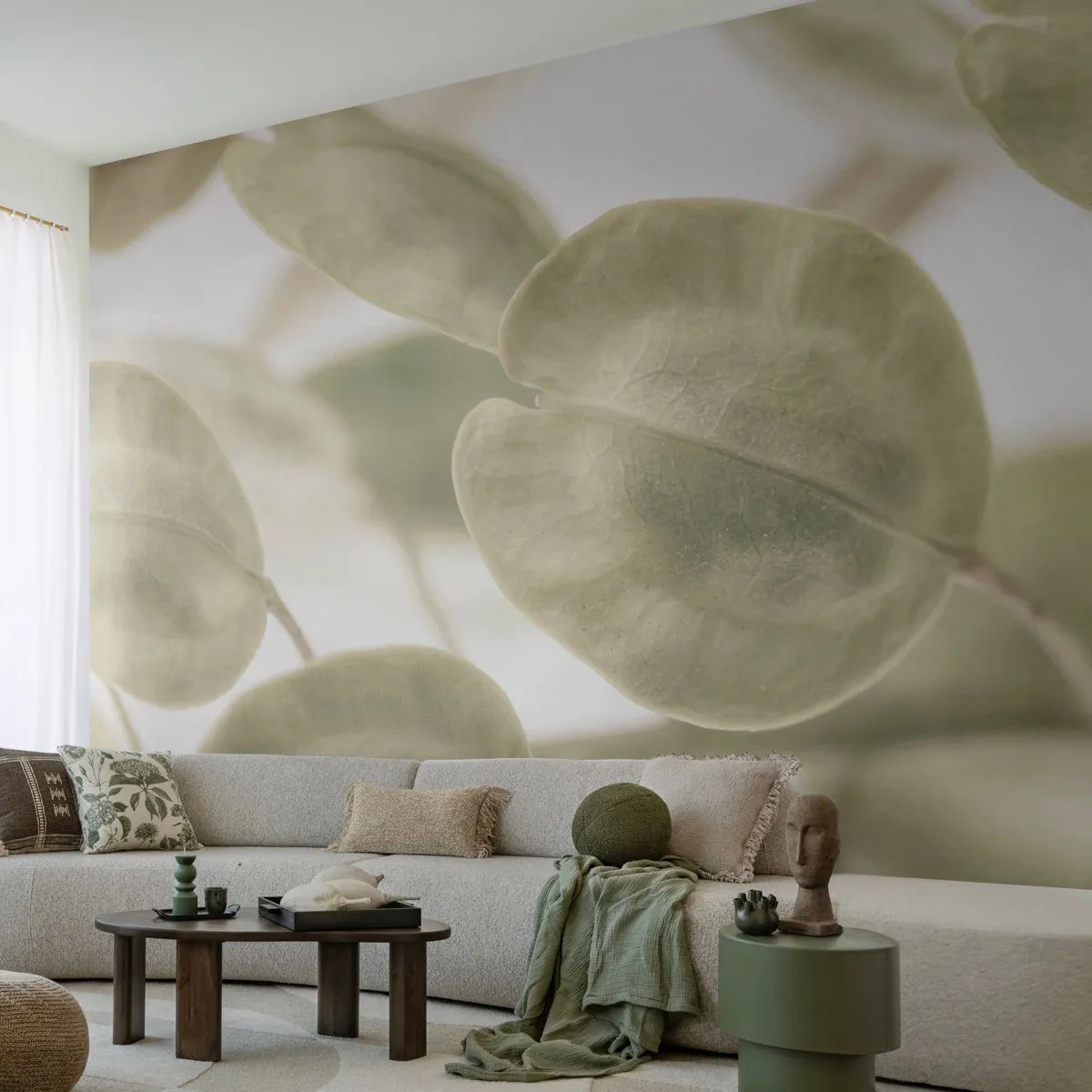 Fototapete Standard Eco - Zarte hellgrüne Blätter auf hellem Hintergrund - 100x70cm - Am Anfang waren Blätter... - Moderne Wanddekoration für Wohnzimmer und Schlafzimmer ARTTOR