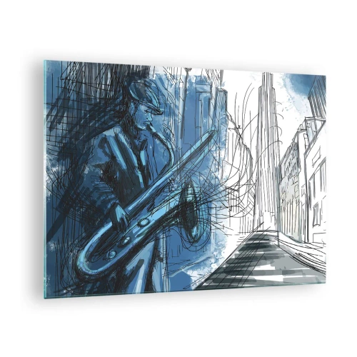 Glasbild - Bild auf glas - Jazz-Saxophonist in blau getönter urbaner Umgebung - 70x50cm - Urbane Rhapsodie - Moderne Wanddekoration für Wohnzimmer und Schlafzimmer ARTTOR