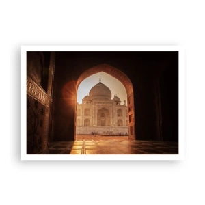 Poster - Taj Mahal im Sonnenlicht vom Torbogen aus gesehen - 100x70cm - Denkmal der überirdischen Liebe - Moderne Wanddekoration für Wohnzimmer und Schlafzimmer ARTTOR