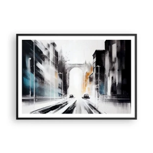Poster in einem schwarzem Rahmen - Abstraktes Stadtpanorama mit einer Bogenbrücke - 100x70cm - Stadtstudie: Architektur und Bewegung - Moderne Wanddekoration für Wohnzimmer und Schlafzimmer ARTTOR