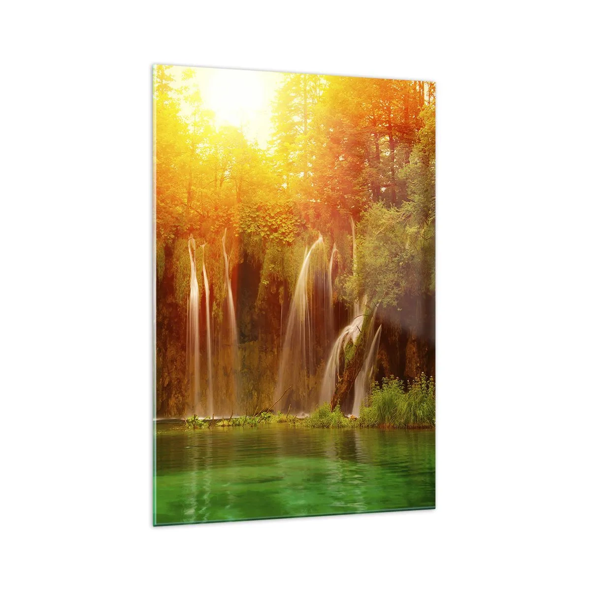Glasbild - Bild auf glas - Wasserfälle umgeben von Grün im Schein der untergehenden Sonne - 70x100cm - In der Sonne und im Schatten - Moderne Wanddekoration für Wohnzimmer und Schlafzimmer ARTTOR
