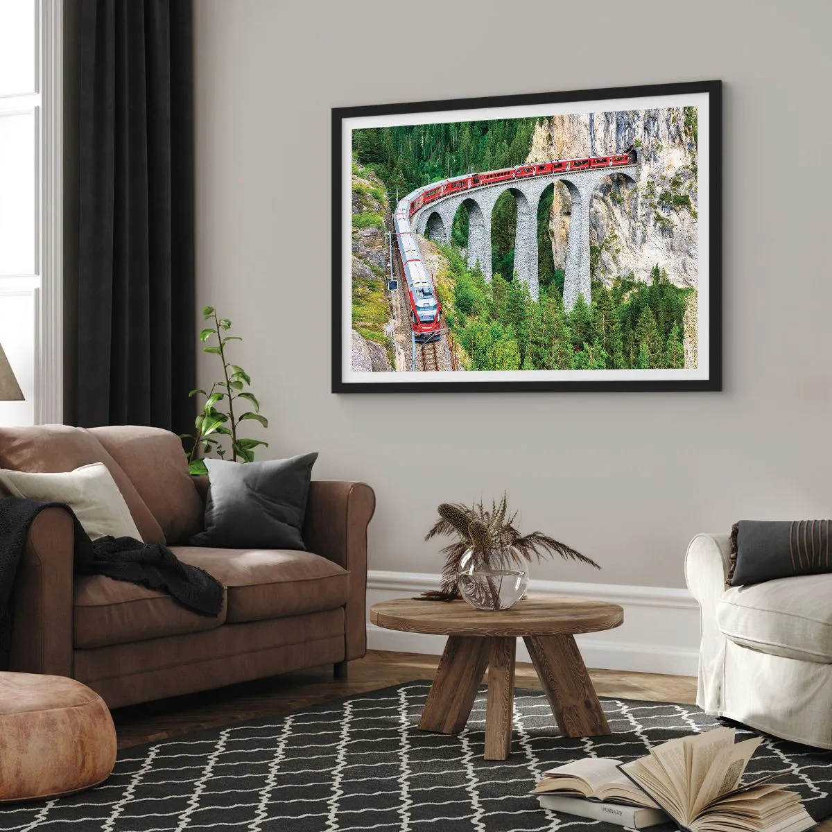 Poster in einem schwarzem Rahmen - Ein Zug auf einem malerischen Viadukt in einer Berglandschaft - 70x50cm - Eisenbahn für Bergblick - Moderne Wanddekoration für Wohnzimmer und Schlafzimmer ARTTOR