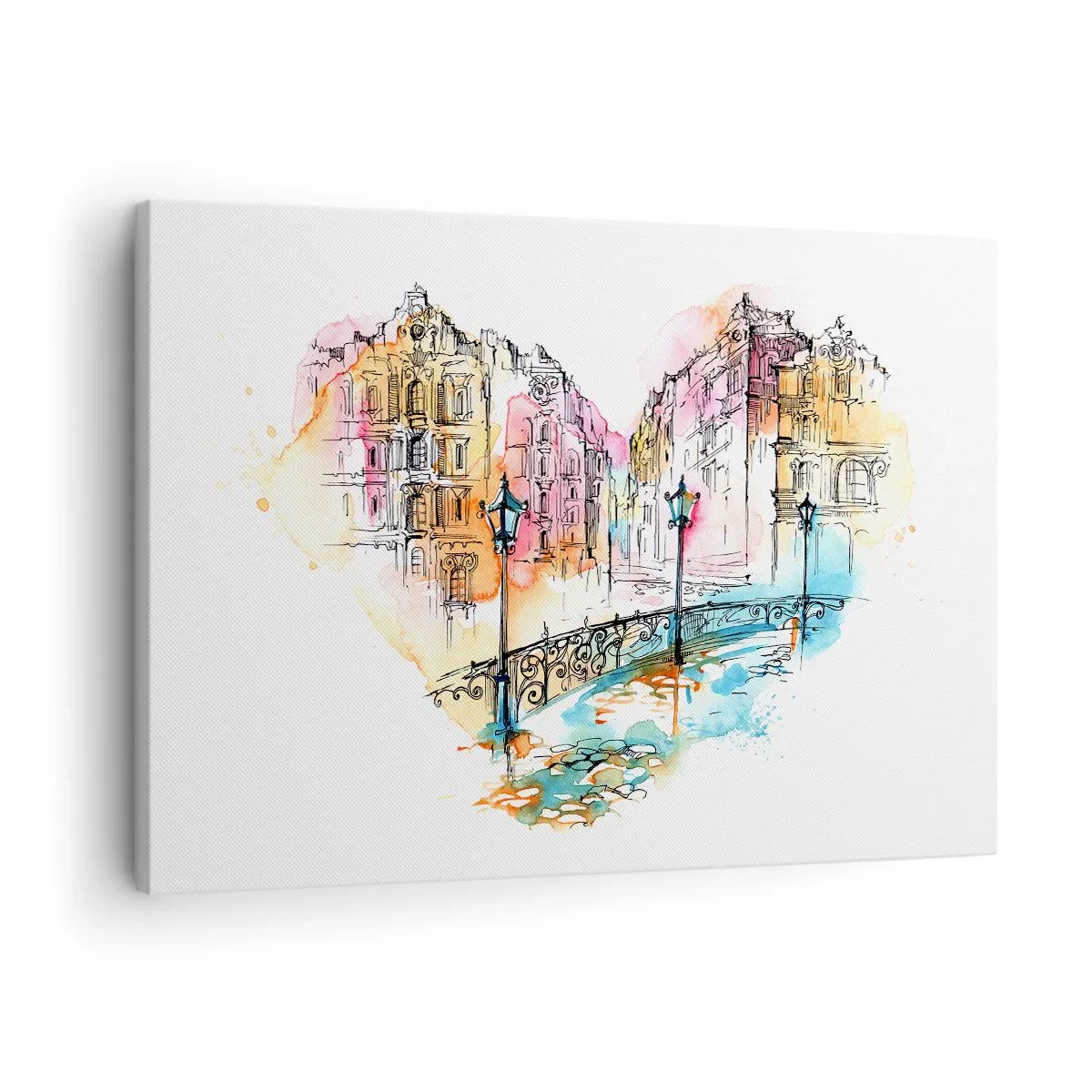 Bild auf Leinwand - Leinwandbild - Aquarell einer Brücke und herzförmigen Mietshäusern - 70x50cm - Das Herz der Stadt - Moderne Wanddekoration für Wohnzimmer und Schlafzimmer ARTTOR