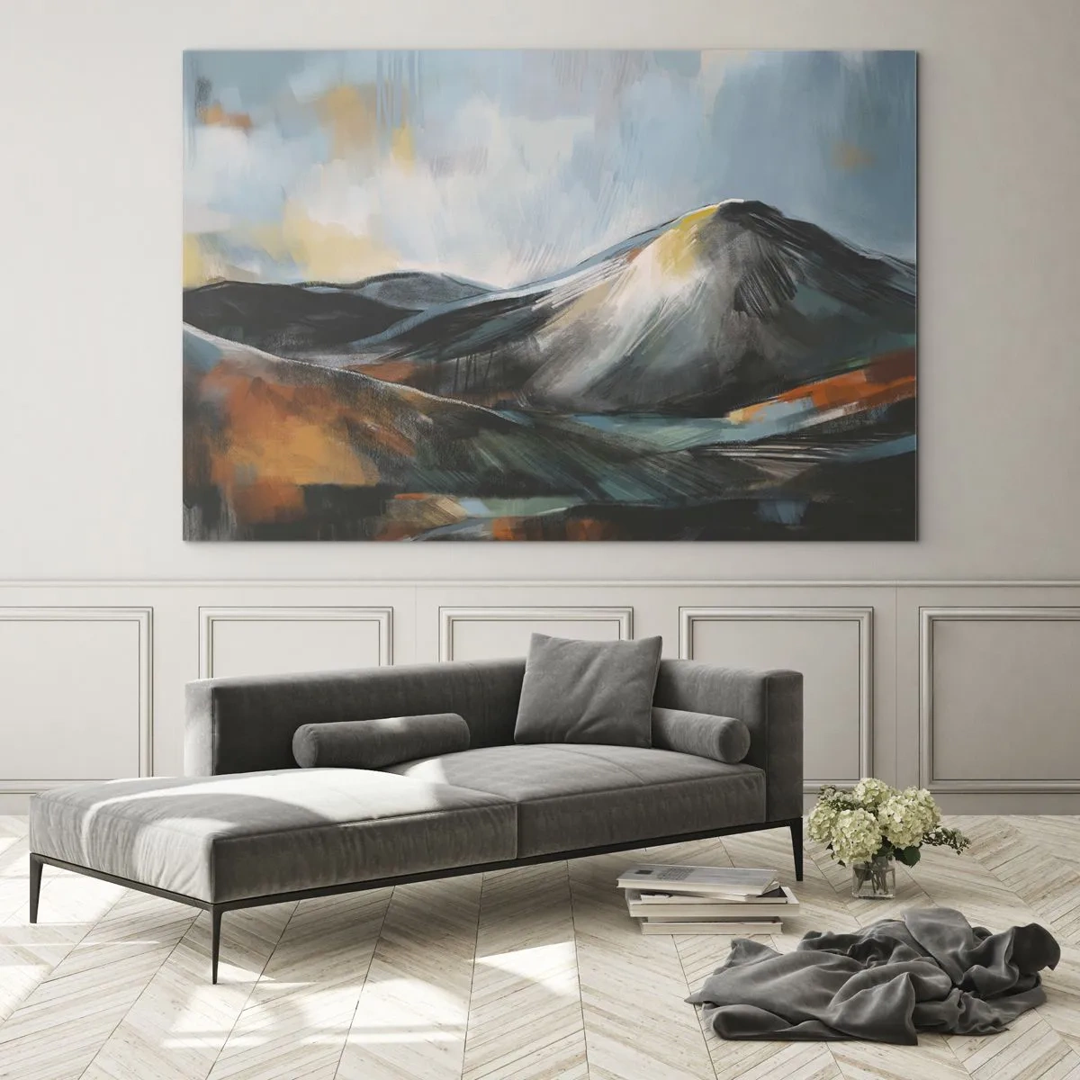 Glasbild - Bild auf glas - Eine malerische Berglandschaft in warmen und kühlen Farben - 120x80cm - Roh und schön - Moderne Wanddekoration für Wohnzimmer und Schlafzimmer ARTTOR