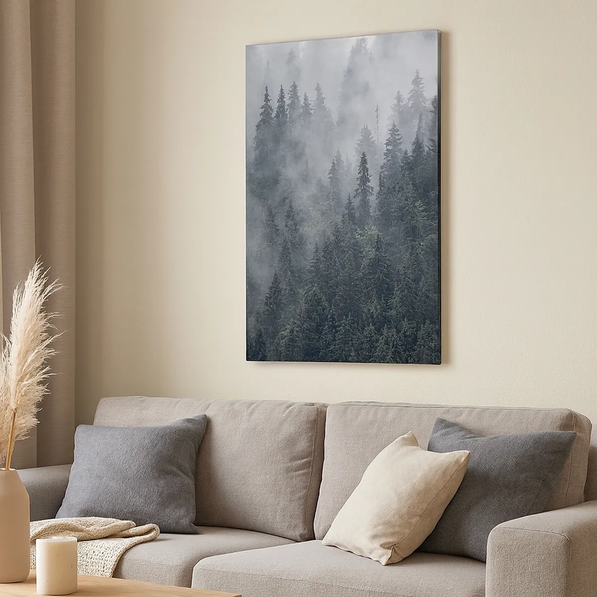 Bild auf Leinwand - Leinwandbild - Nebliger Nadelwald in Grau- und Grüntönen - 50x70cm - Walddämmerung - Moderne Wanddekoration für Wohnzimmer und Schlafzimmer ARTTOR