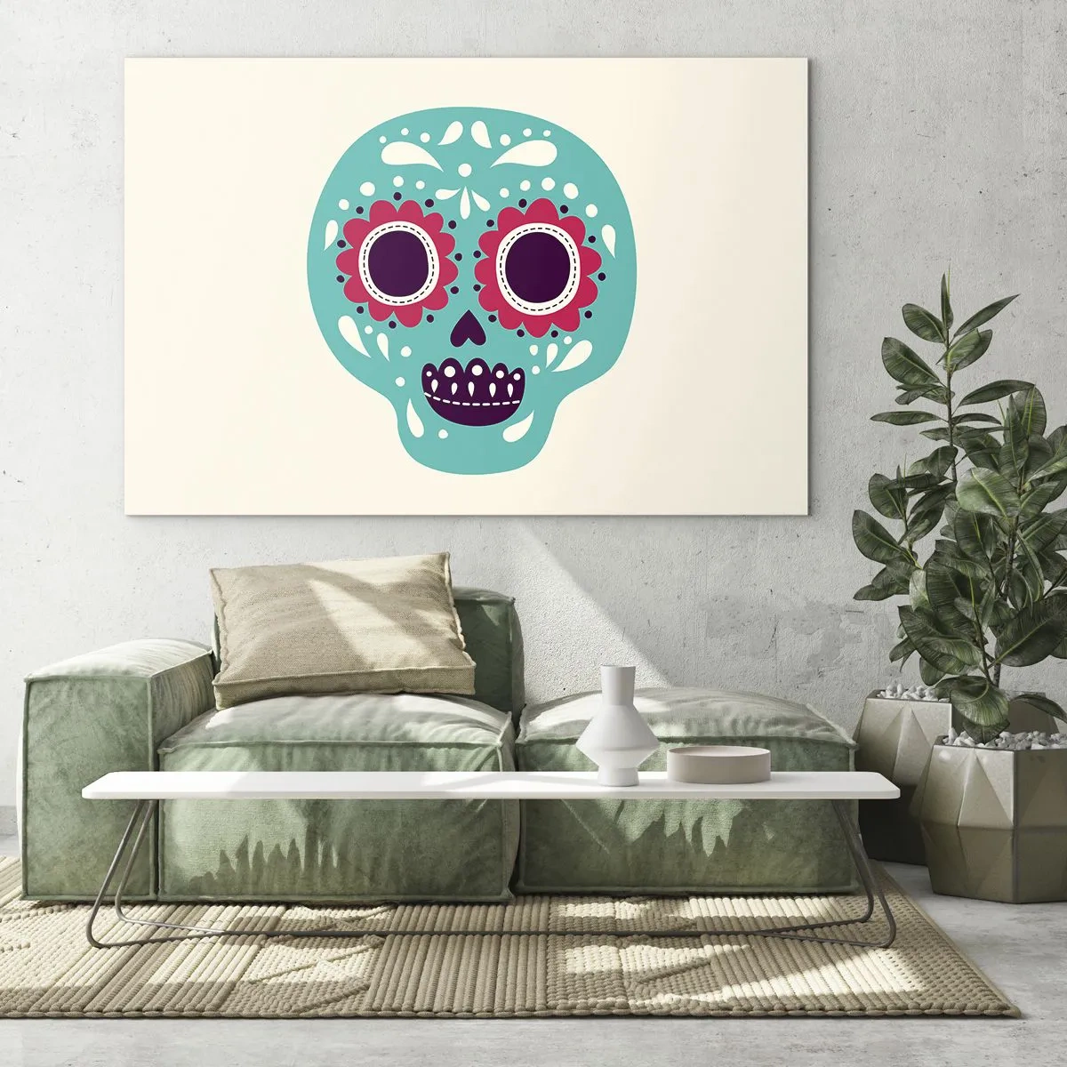 Glasbild - Bild auf glas - Ein bunter Totenkopf mit Mustern auf hellem Hintergrund - 100x70cm - Das Leben – Spaß bis zum Tod - Moderne Wanddekoration für Wohnzimmer und Schlafzimmer ARTTOR