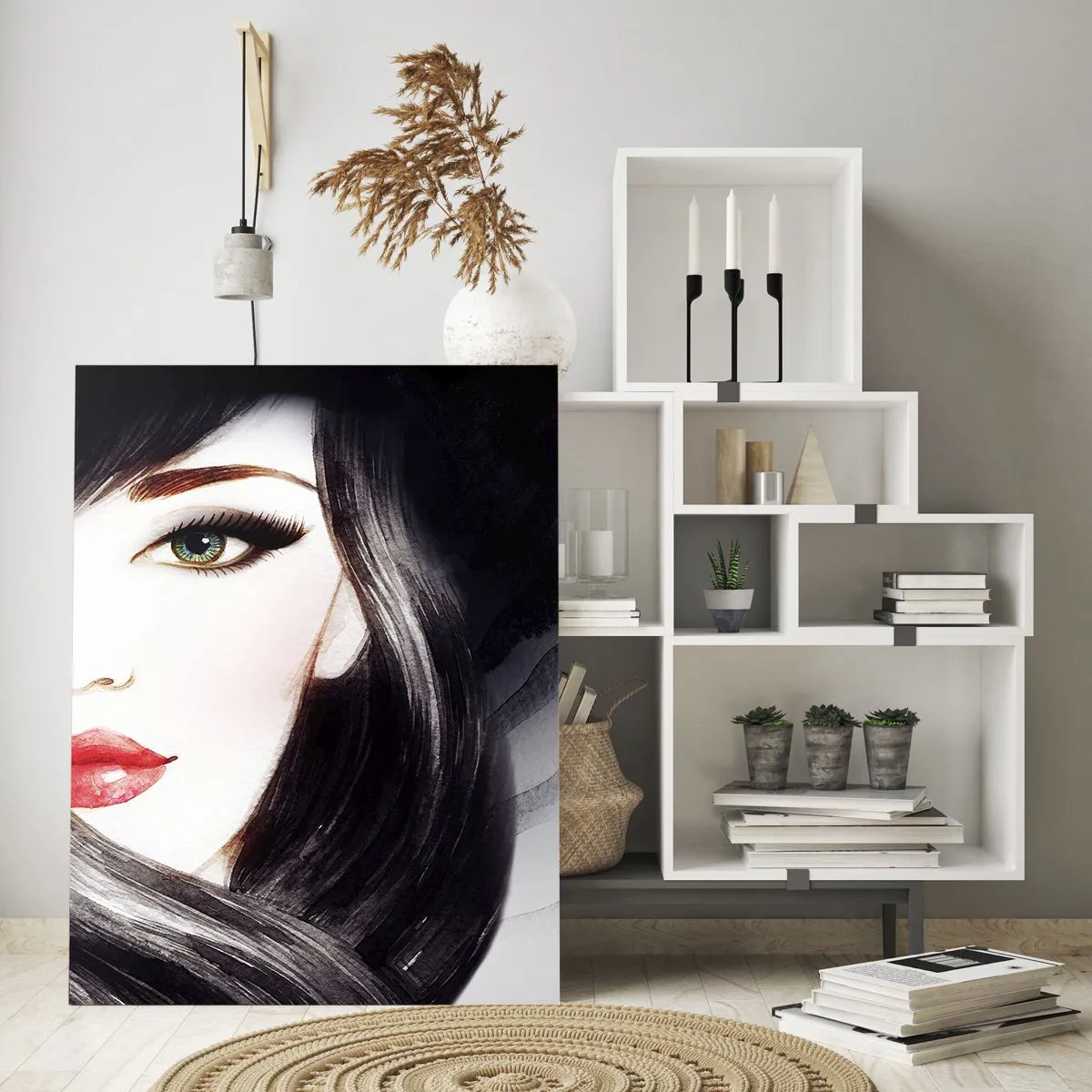 Glasbild - Bild auf glas - Porträt einer Frau mit ausdrucksstarkem Blick und roten Lippen - 70x100cm - Saphir-Optik - Moderne Wanddekoration für Wohnzimmer und Schlafzimmer ARTTOR