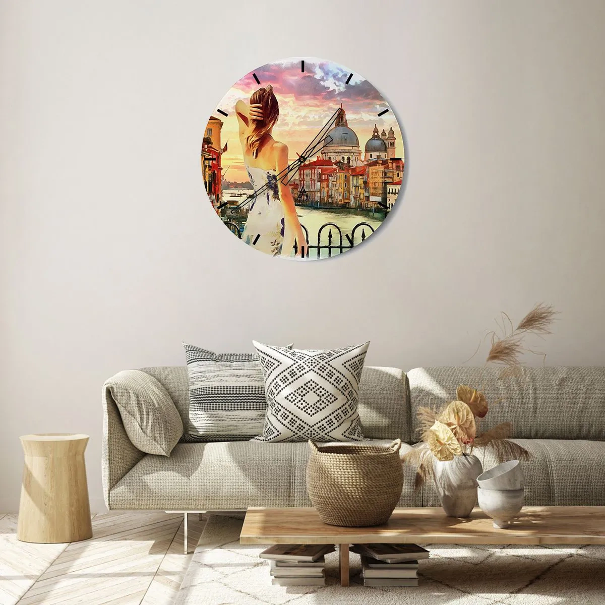 Wanduhr - Glasuhr - Eine Frau bewundert einen malerischen Sonnenuntergang über Venedig - 30x30cm - Als Abenteuer nur in ... - Moderne Wanddekoration für Wohnzimmer, Küche und Schlafzimmer ARTTOR