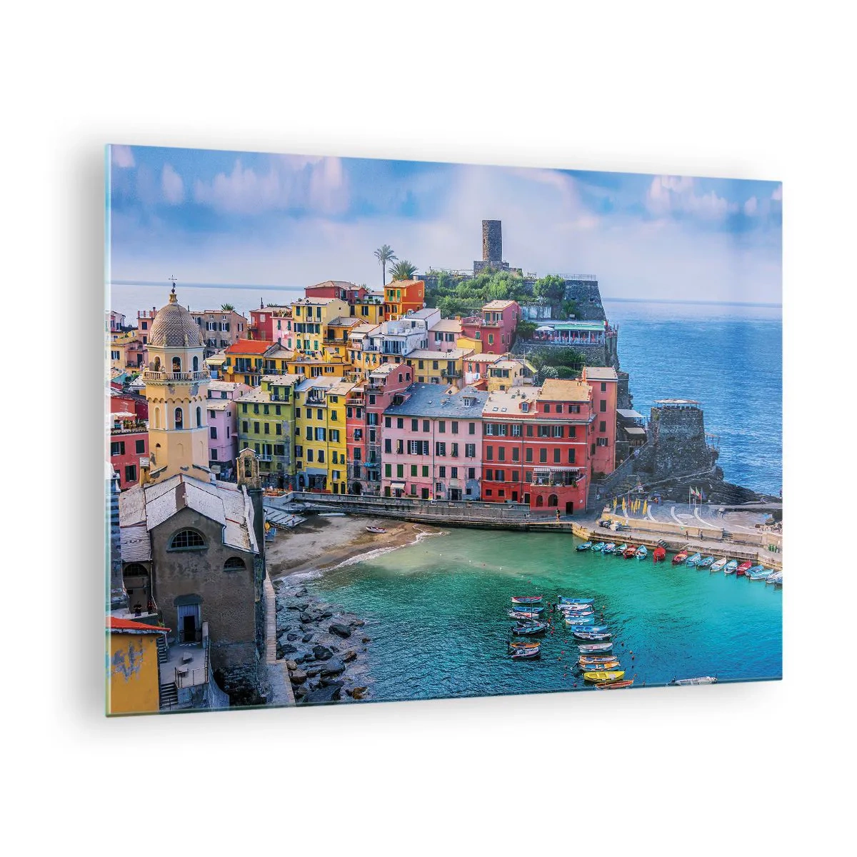 Glasbild - Bild auf glas - Eine farbenfrohe Mittelmeerstadt am blauen Meer - 70x50cm - Mediterrane Zauberstadt - Moderne Wanddekoration für Wohnzimmer und Schlafzimmer ARTTOR