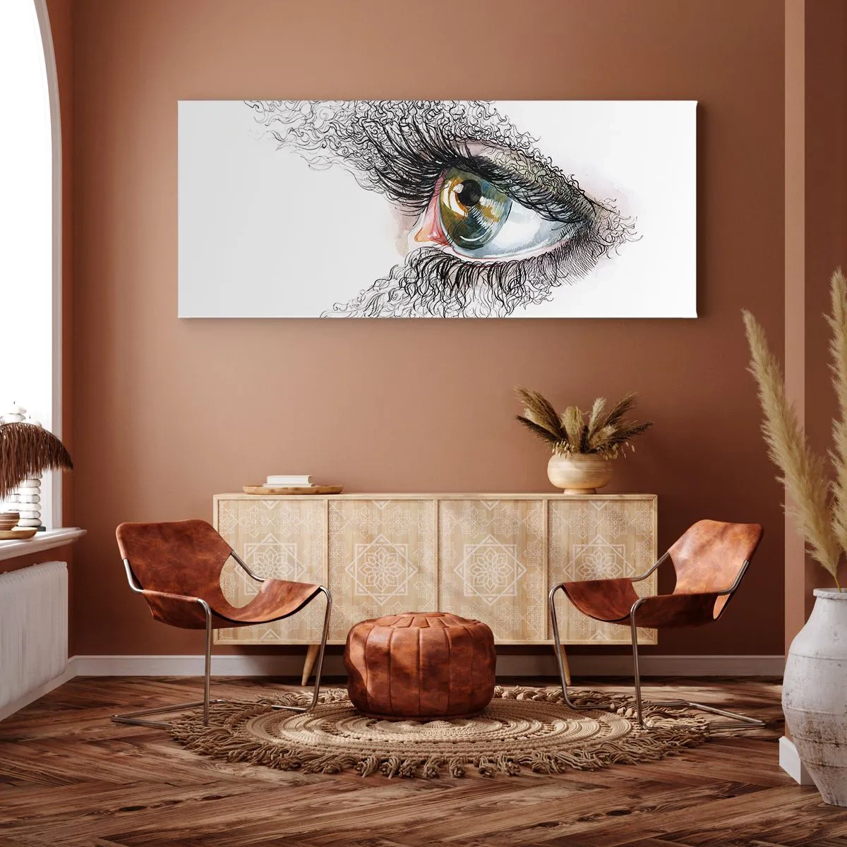 Bild auf Leinwand - Leinwandbild - Ein künstlerisches Auge mit gelbgrüner Iris und komplizierten Details. - 140x50cm - Schau direkt in die Seele - Moderne Wanddekoration für Wohnzimmer und Schlafzimmer ARTTOR