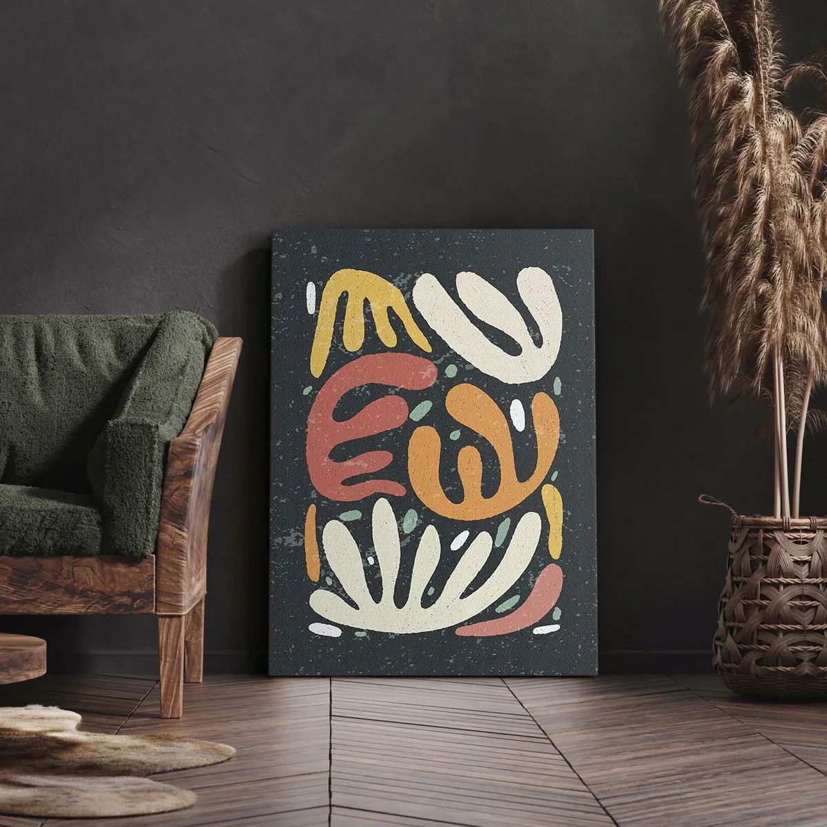 Bild auf Leinwand - Leinwandbild - Abstrakte Formen in warmen Farben auf dunklem Hintergrund - 70x100cm - Komposition – Ich erwische dich gleich - Moderne Wanddekoration für Wohnzimmer und Schlafzimmer ARTTOR