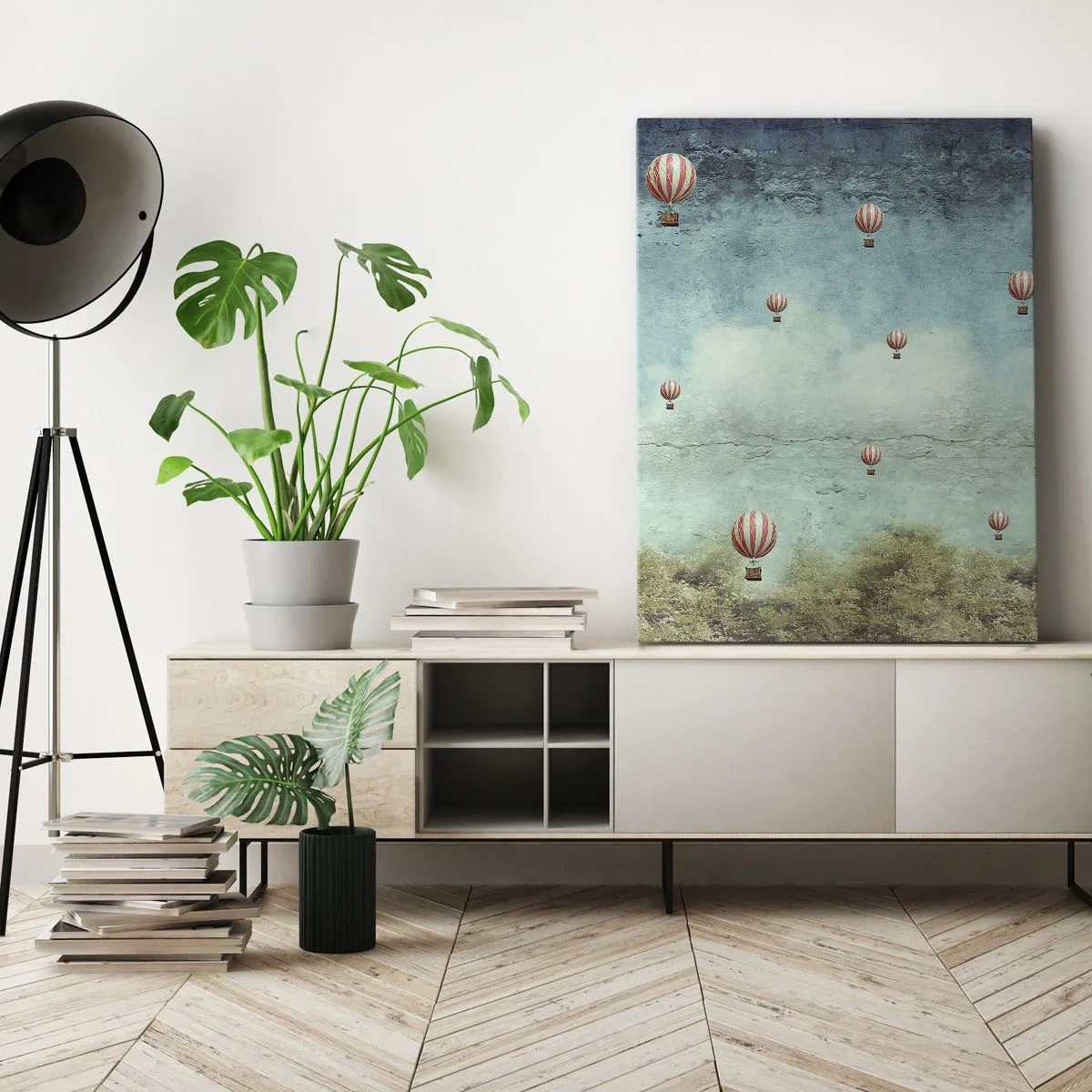 Bild auf Leinwand - Leinwandbild - Retro-Ballons vor blauem Himmel und grünem Hintergrund - 50x70cm - Frei von der Hektik des Lebens - Moderne Wanddekoration für Wohnzimmer und Schlafzimmer ARTTOR