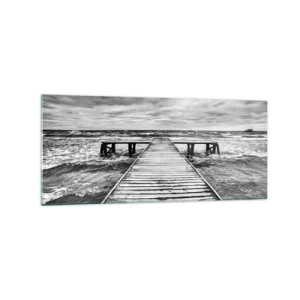 Glasbild - Bild auf glas - Eine Schwarz-Weiß-Ansicht eines Holzstegs über einer stürmischen See. - 120x50cm - Ich warte darauf, dass der Wind wegjagt... - Moderne Wanddekoration für Wohnzimmer und Schlafzimmer ARTTOR