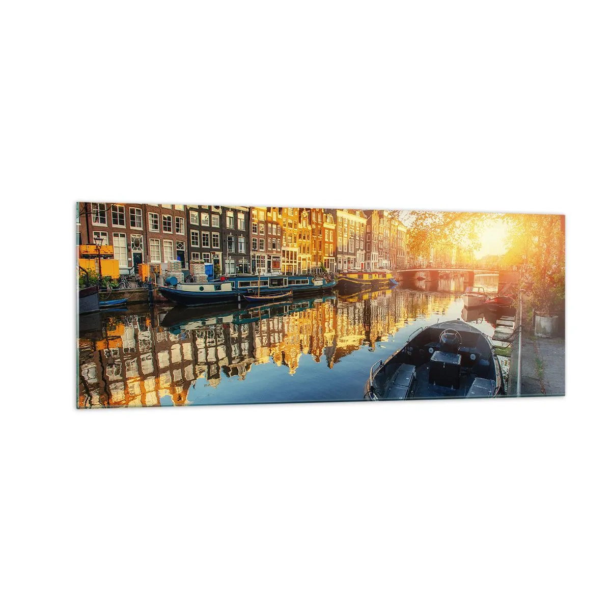 Glasbild - Bild auf glas - Amsterdamer Kanal bei Sonnenuntergang - 140x50cm - Morgen in Amsterdam - Moderne Wanddekoration für Wohnzimmer und Schlafzimmer ARTTOR