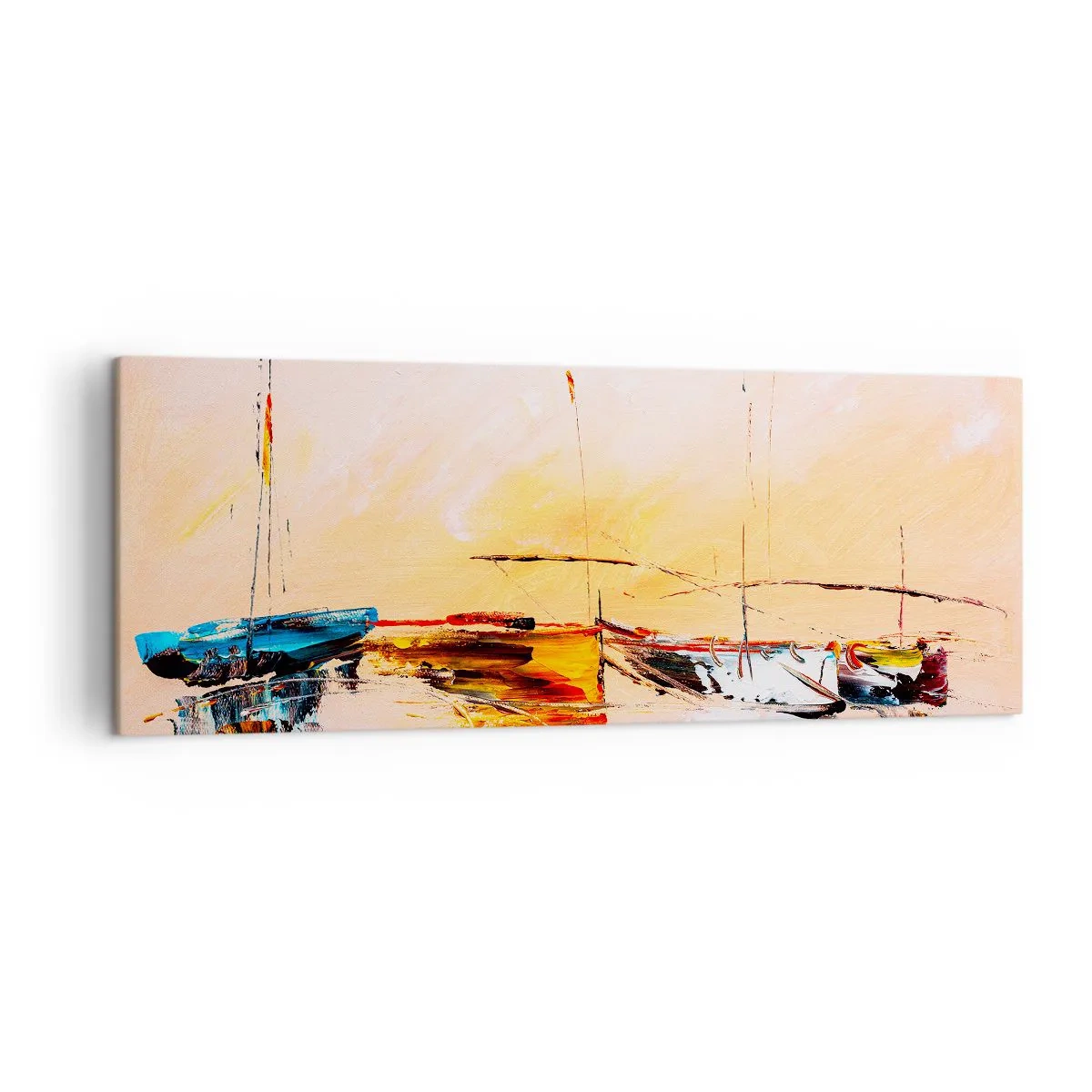 Bild auf Leinwand - Leinwandbild - Bunte Boote auf ruhigem Wasser bei Sonnenuntergang - 140x50cm - Abend im Yachthafen - Moderne Wanddekoration für Wohnzimmer und Schlafzimmer ARTTOR