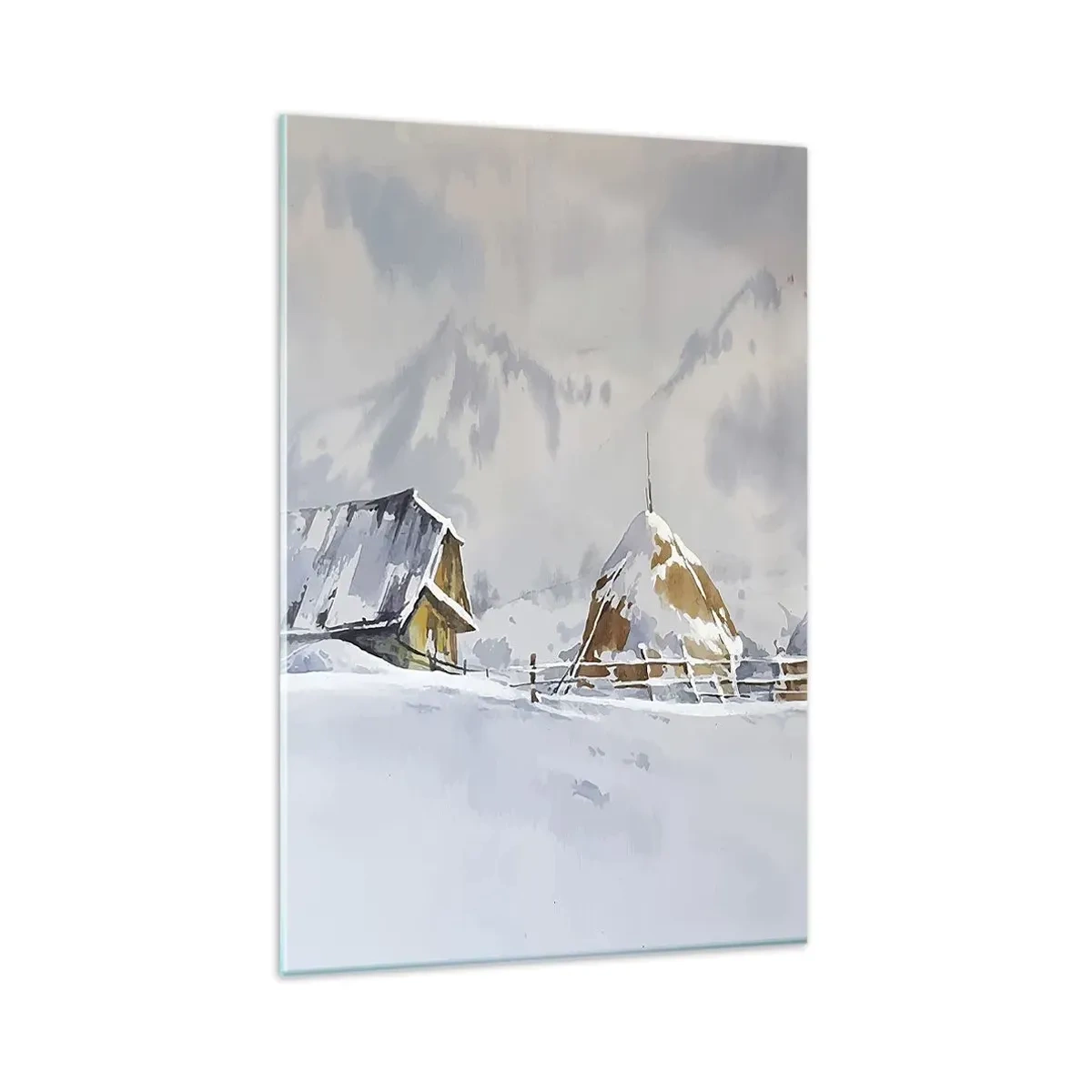 Glasbild - Bild auf glas - Winterlandschaft mit Hütte und Heuhaufen in den Bergen - 80x120cm - In einem verschneiten Talkessel - Moderne Wanddekoration für Wohnzimmer und Schlafzimmer ARTTOR