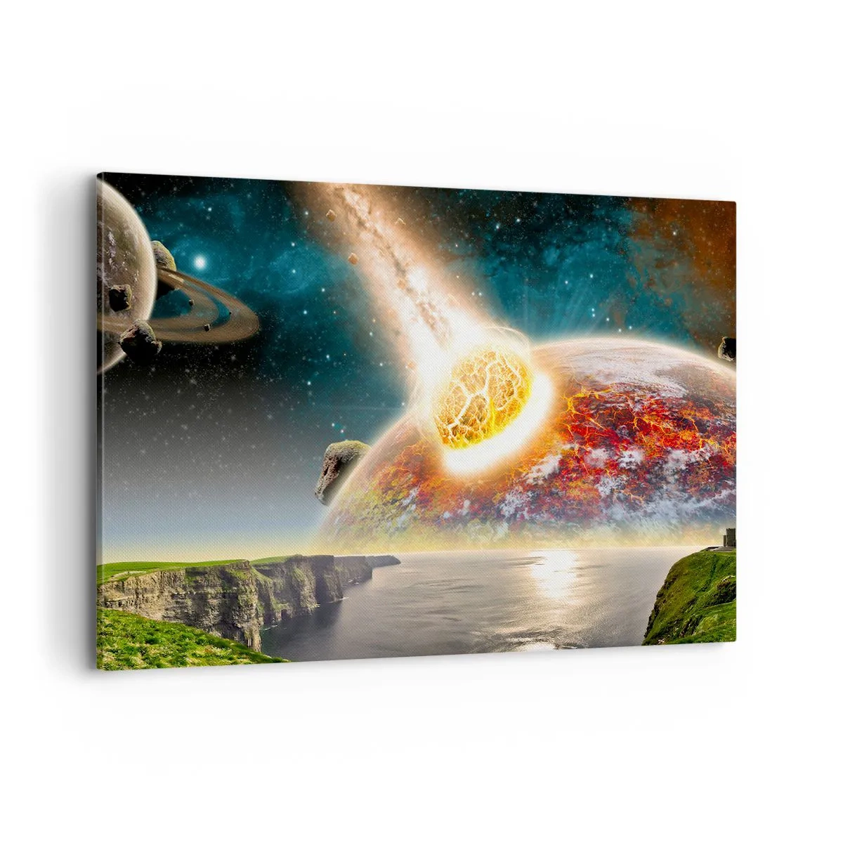 Bild auf Leinwand - Leinwandbild - Ein Meteorit kollidiert mit einem Planeten in einer kosmischen Landschaft. - 120x80cm - Kosmisches Drama - Moderne Wanddekoration für Wohnzimmer und Schlafzimmer ARTTOR