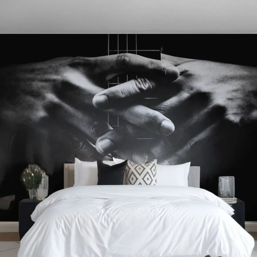 Fototapete Premium Canvas - Hände auf einer Gitarre in einem monochromen Ton gefaltet - 100x70cm - Gebet des Künstlers - Moderne Wanddekoration für Wohnzimmer und Schlafzimmer ARTTOR