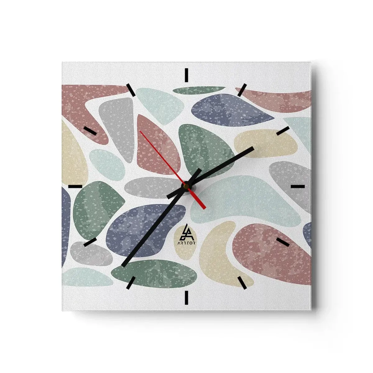 Wanduhr - Glasuhr - Bunte organische Formen auf weißem Hintergrund - 30x30cm - Mosaik aus pulverförmigen Farben - Moderne Wanddekoration für Wohnzimmer und Schlafzimmer ARTTOR