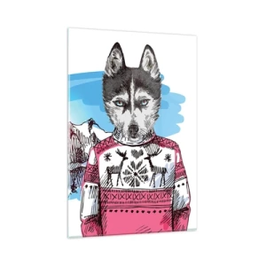 Glasbild - Bild auf glas - Ein Wolf im Winterpullover vor einer Berglandschaft - 80x120cm - Ein Wolf in Schafwolle - Moderne Wanddekoration für Wohnzimmer und Schlafzimmer ARTTOR