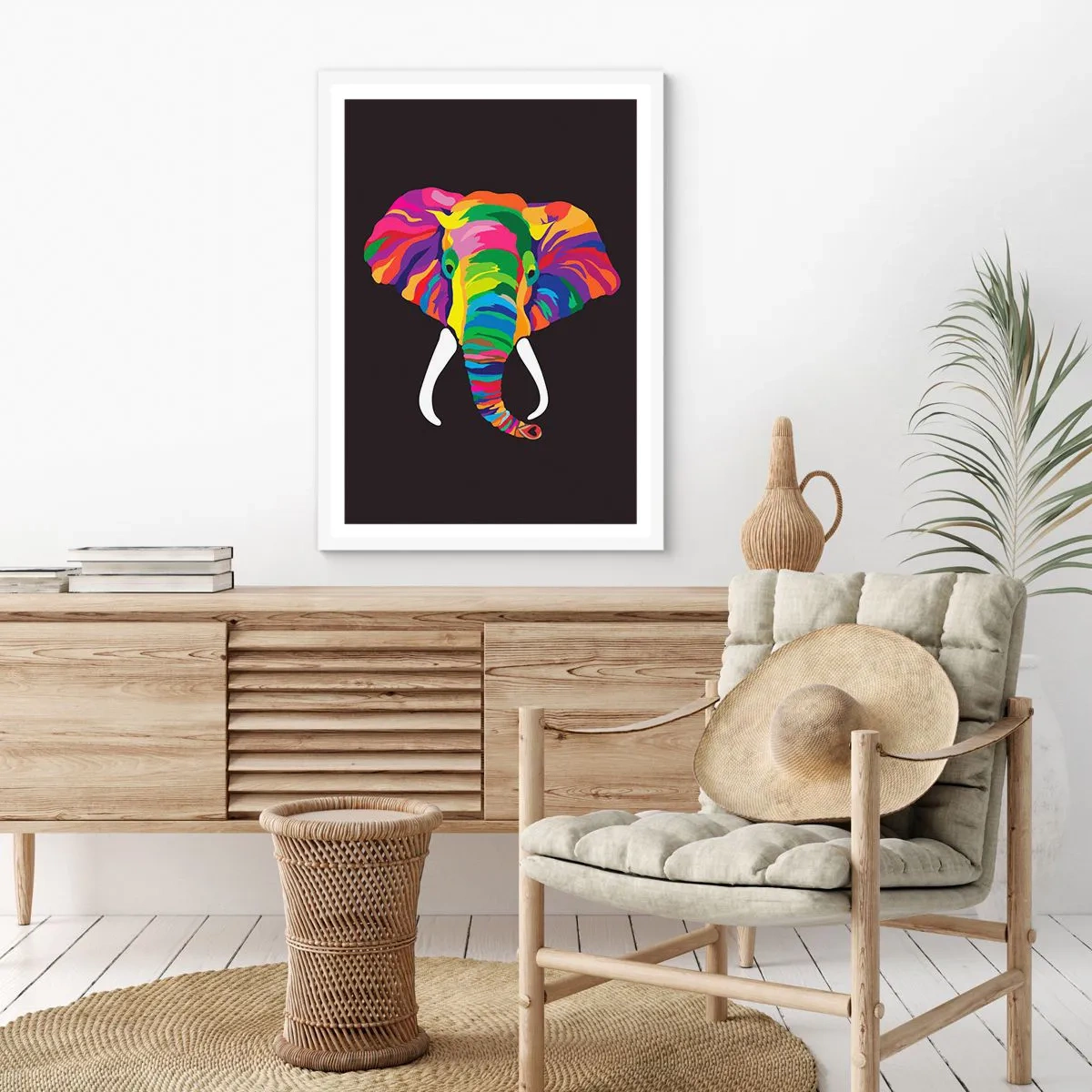Poster in einem weißen Rahmen - Der Elefant, der es liebte, im Regenbogen zu baden - 70x100 cm