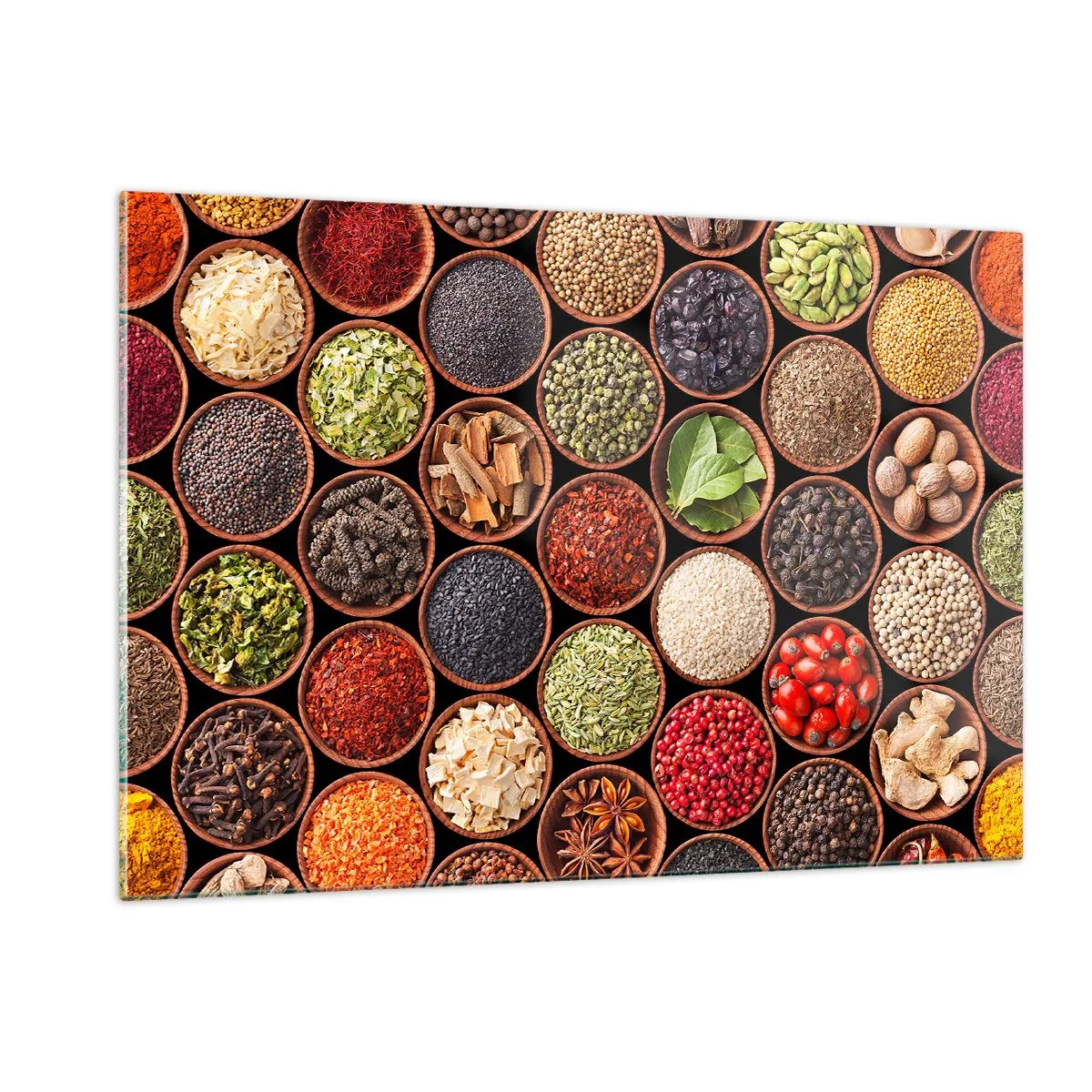 Glasbild - Bild auf glas - Eine Komposition aus verschiedenen Gewürzen in Holzschalen - 120x80cm - Alle Aromen der Welt - Moderne Wanddekoration für Wohnzimmer und Schlafzimmer ARTTOR
