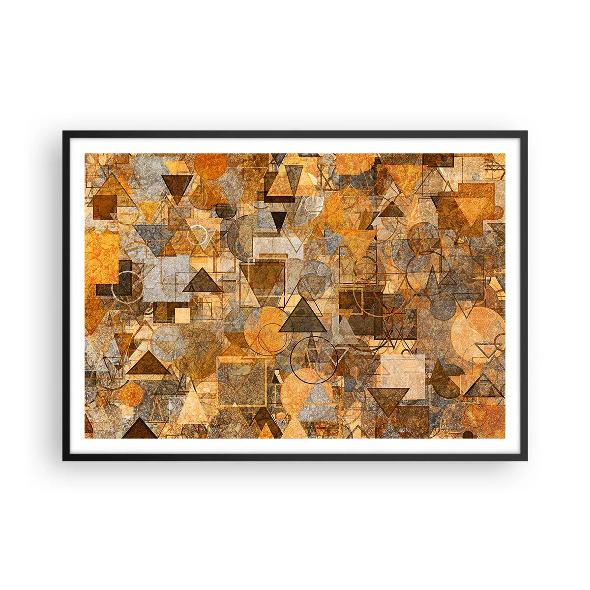 Poster in einem schwarzem Rahmen - Abstrakte geometrische Muster in Goldtönen - 100x70cm - Die Welt in Form - Moderne Wanddekoration für Wohnzimmer und Schlafzimmer ARTTOR
