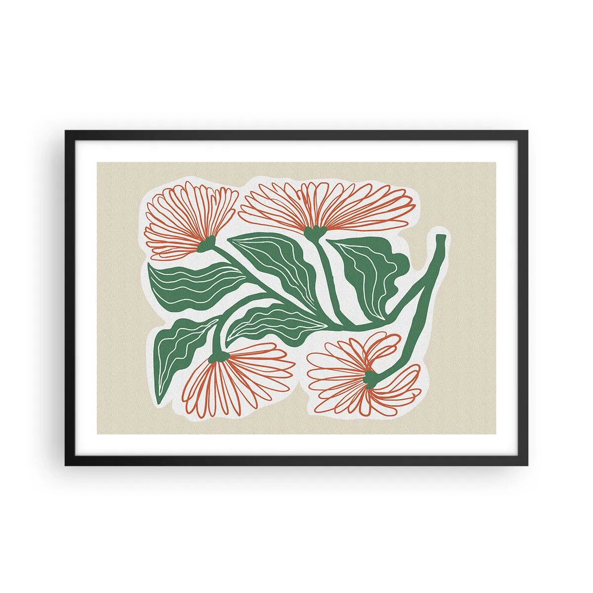 Poster in einem schwarzem Rahmen - Eine Blumenzeichnung im minimalistischen Stil mit grünen Blättern - 70x50cm - Im Folkstil und modern - Moderne Wanddekoration für Wohnzimmer und Schlafzimmer ARTTOR