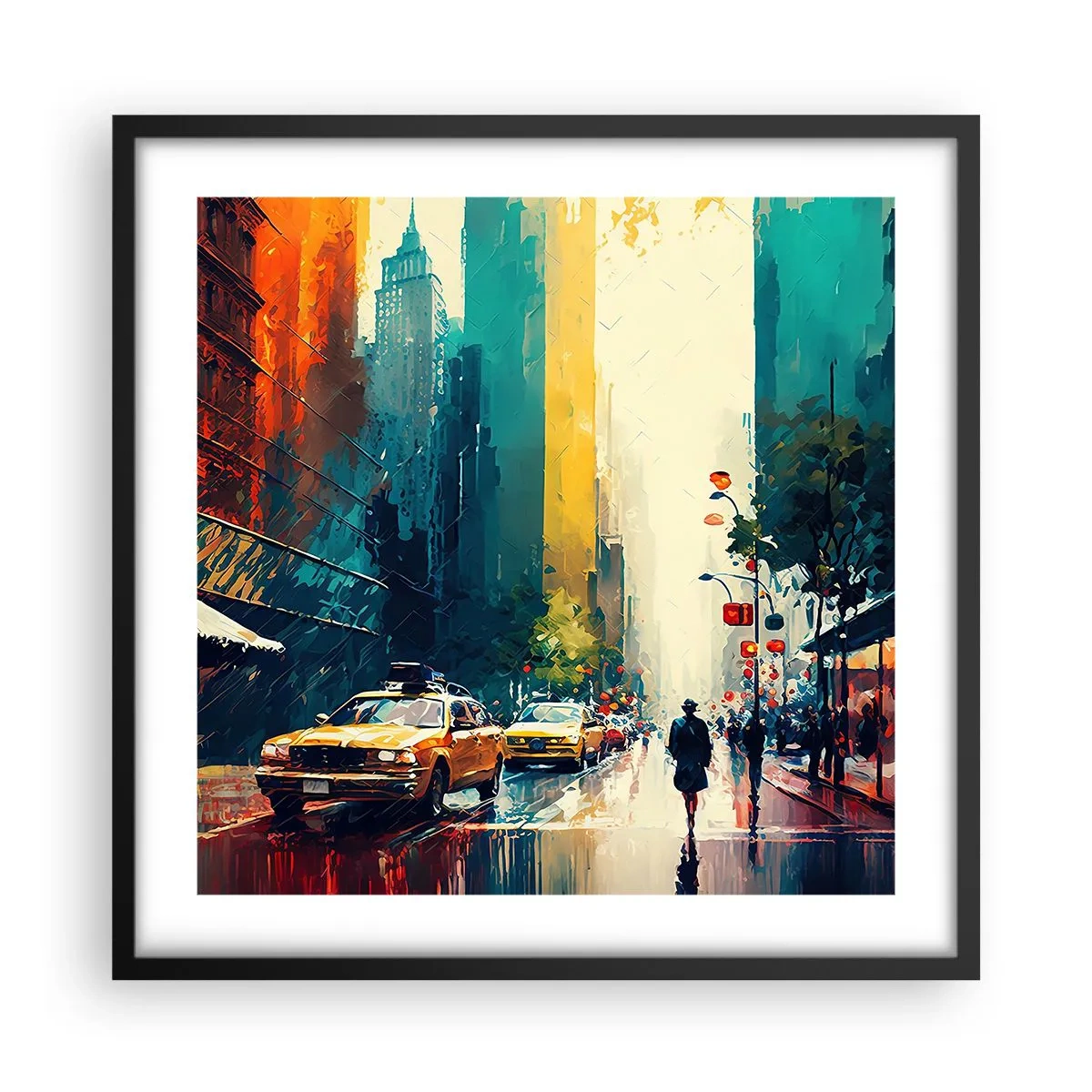 Poster in einem schwarzem Rahmen - New York – selbst der Regen ist hier bunt - 50x50 cm