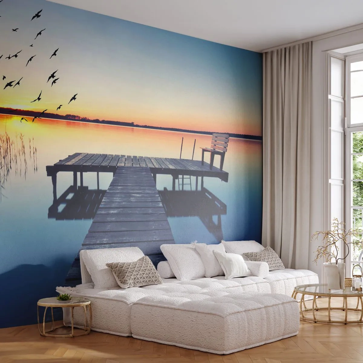 Fototapete Premium Sand - Holzsteg über einem See bei Sonnenuntergang mit Vögeln - 100x70cm - Das war ein guter Tag - Moderne Wanddekoration für Wohnzimmer und Schlafzimmer ARTTOR