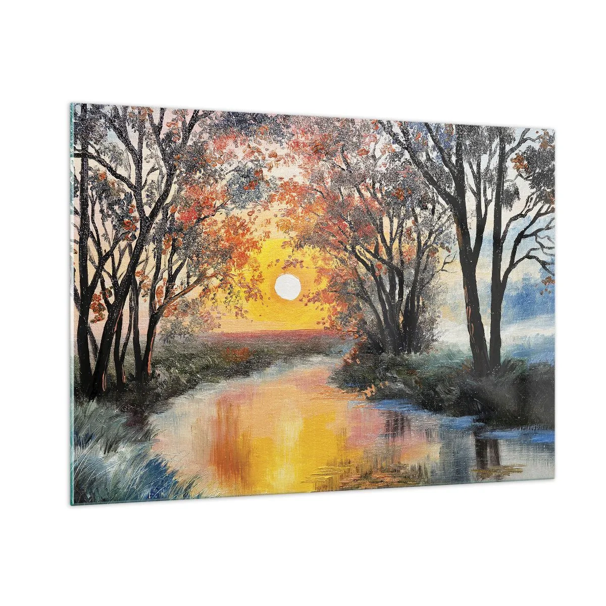 Glasbild - Bild auf glas - Sonnenuntergang über dem Fluss zwischen den Bäumen - 100x70cm - Herbststimmung - Moderne Wanddekoration für Wohnzimmer und Schlafzimmer ARTTOR