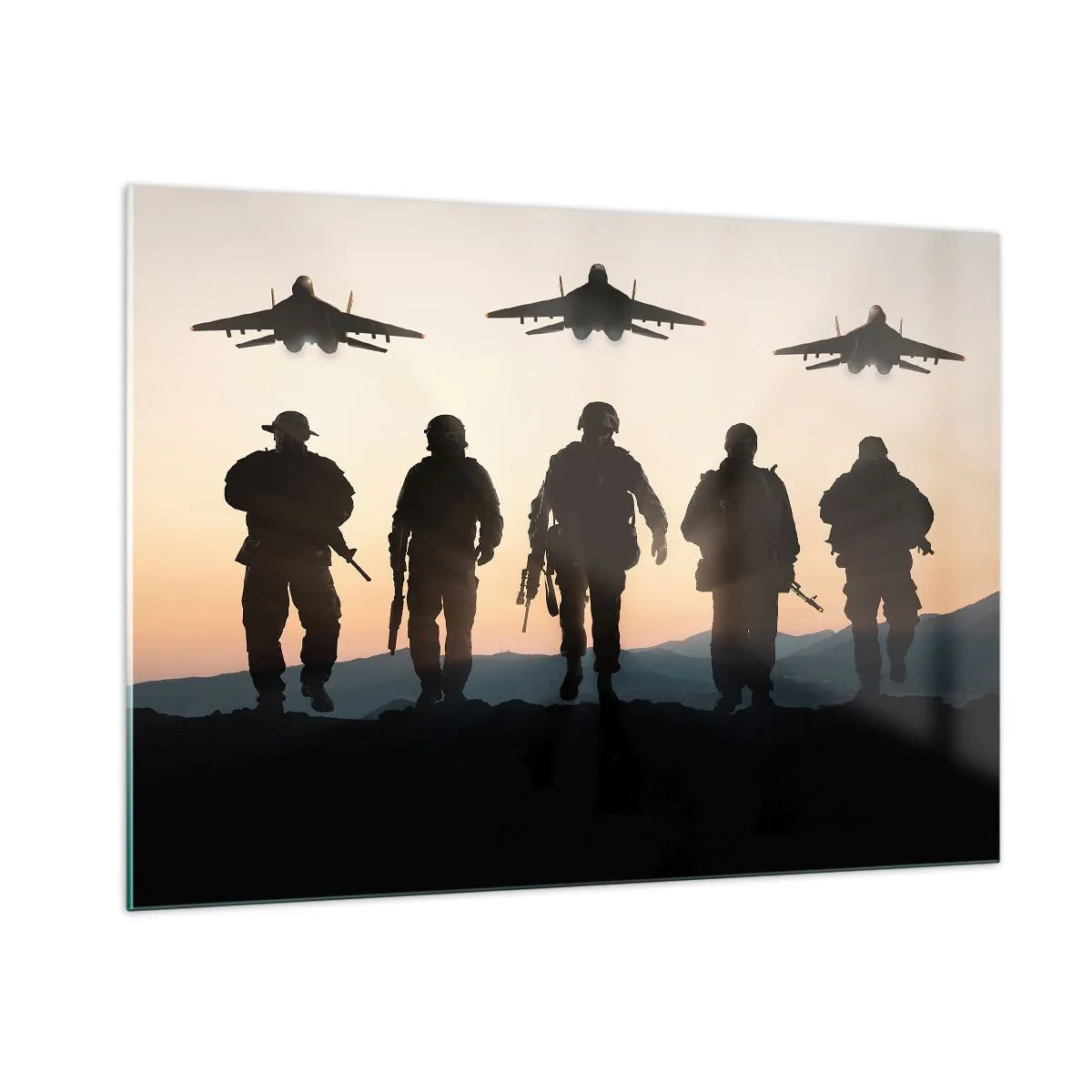 Glasbild - Bild auf glas - Soldaten vor der Kulisse der untergehenden Sonne und Jets - 100x70cm - Willkommen in unserer Welt - Moderne Wanddekoration für Wohnzimmer und Schlafzimmer ARTTOR