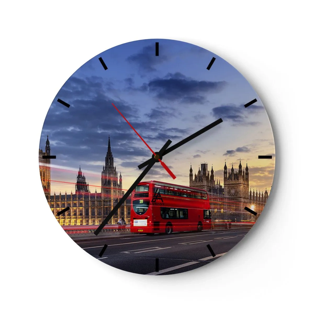 Wanduhr - Glasuhr - Ein Zifferblatt mit London-Motiv, mit einem roten Bus und Westminster im Hintergrund. - 30x30cm - Spezielle Charaktere - Moderne Wanddekoration für Wohnzimmer, Küche und Schlafzimmer ARTTOR