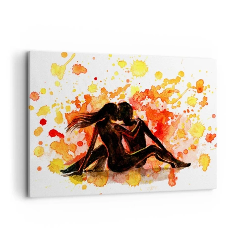 Bild auf Leinwand - Leinwandbild - Ein romantisches Aquarell von zwei Menschen in warmen Farben. - 100x70cm - Und es war Licht - Moderne Wanddekoration für Wohnzimmer und Schlafzimmer ARTTOR