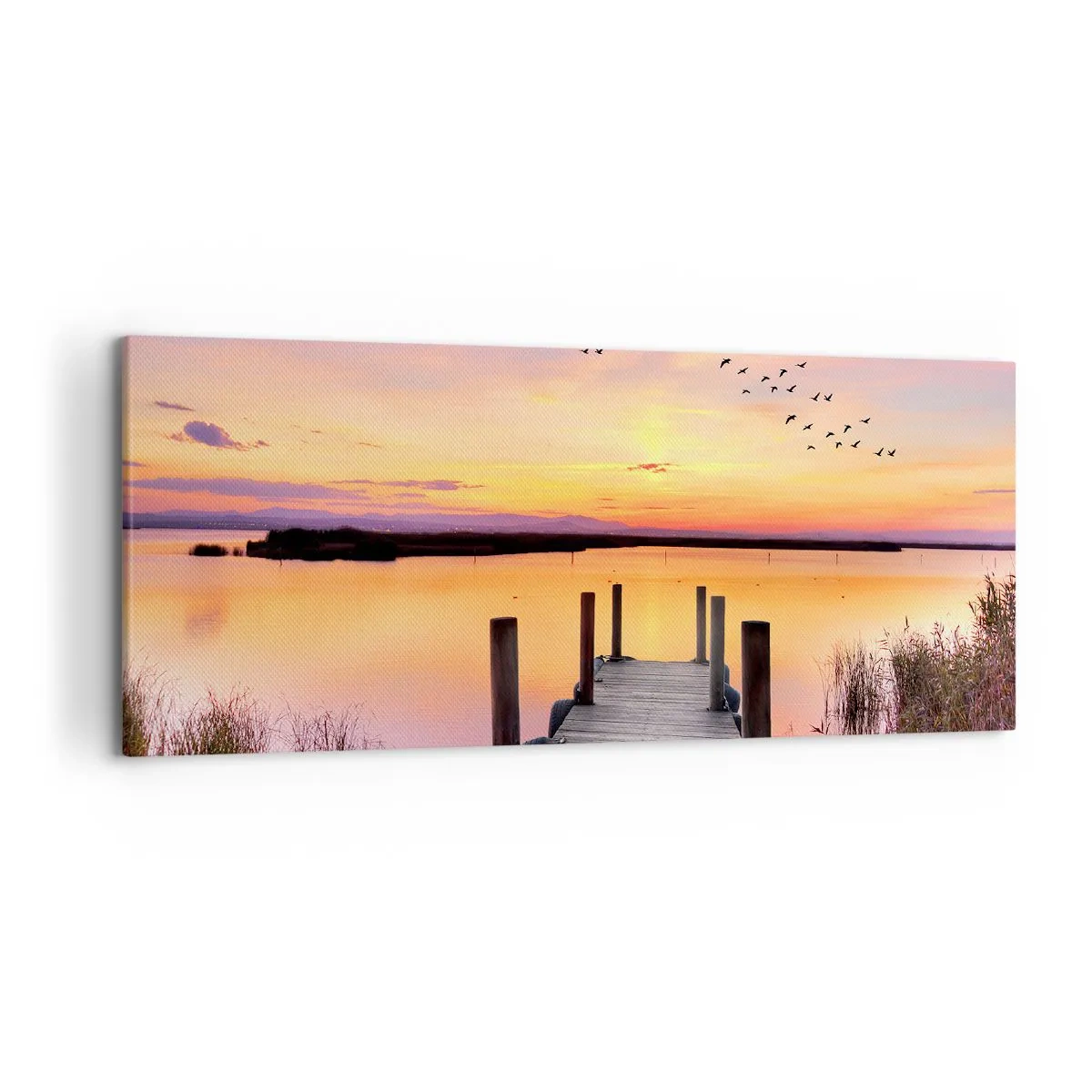 Bild auf Leinwand - Leinwandbild - Ein Pier an einem See bei Sonnenuntergang mit Vögeln am Himmel - 120x50cm - Violette stille Morgendämmerung - Moderne Wanddekoration für Wohnzimmer und Schlafzimmer ARTTOR